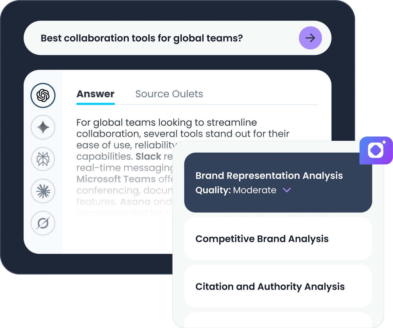 Response to “Best collaboration tools for global teams?” from major AI engines alongside a brand representation analysis panel with moderate quality score and competitive brand and citation and authority analysis options.
